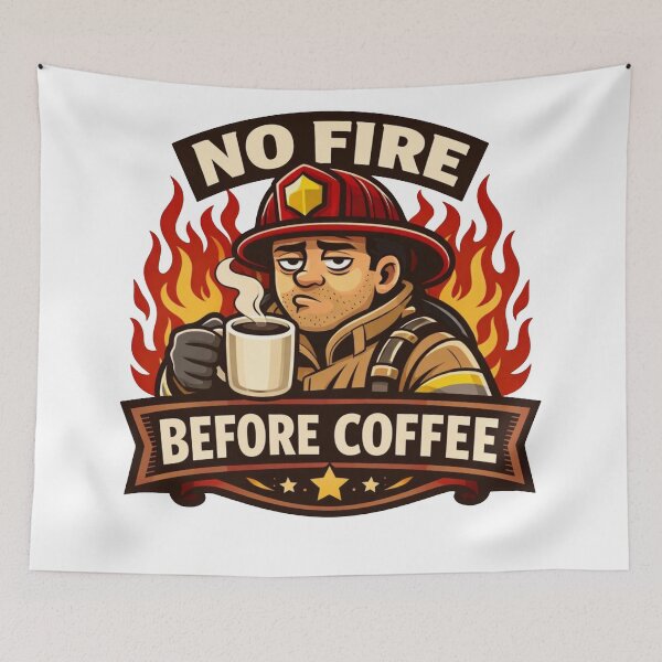 Item preview, No Fire Before Coffee – Funny Firefighter Morning Sticker designed and sold by Timeless Junction.