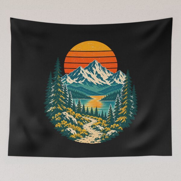 Item preview, Vintage Retro Sunset Mountain Landscape | Pine Forest Hiking Trail Design designed and sold by Flowing Colurs.