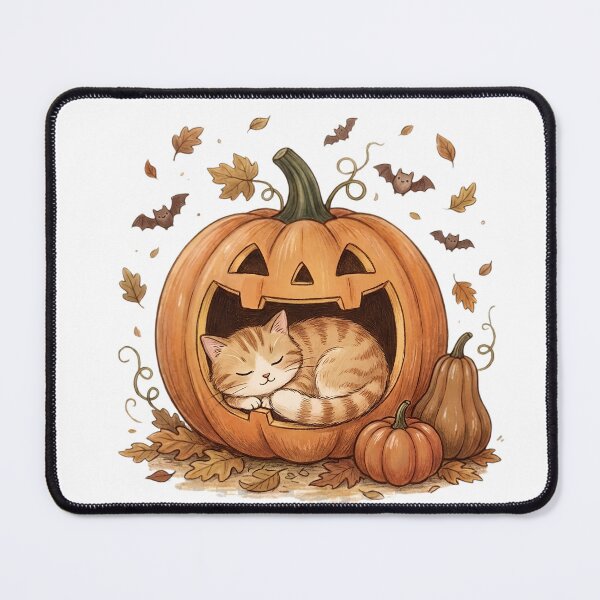 Item preview, Cozy Sleeping Kitten in Jack-o'-Lantern Fall Bats and Leaves designed and sold by abdelski.