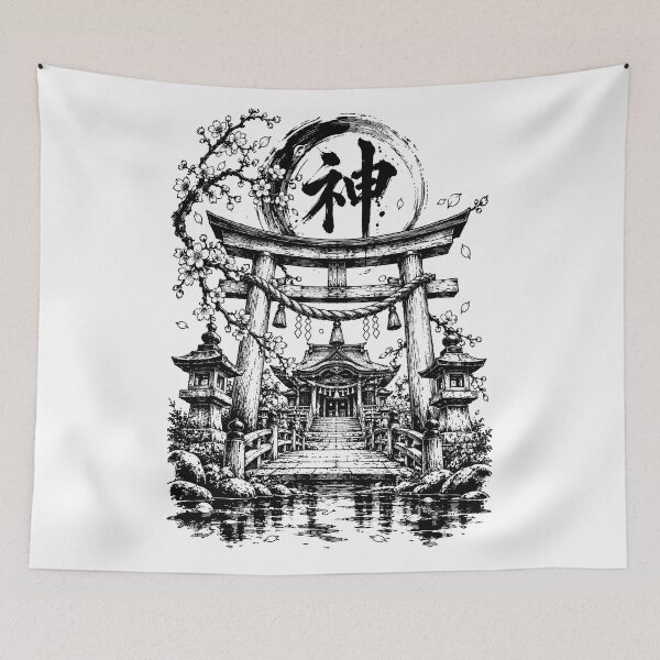 Item preview, Ink-Washed Shinto Shrine Under Blossoms designed and sold by bapupa.