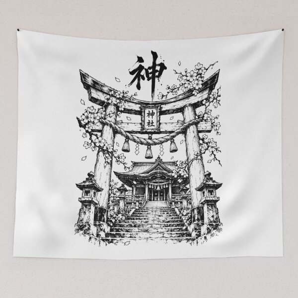 Item preview, Monochrome Shinto Shrine Beneath Cherry Blossoms designed and sold by bapupa.
