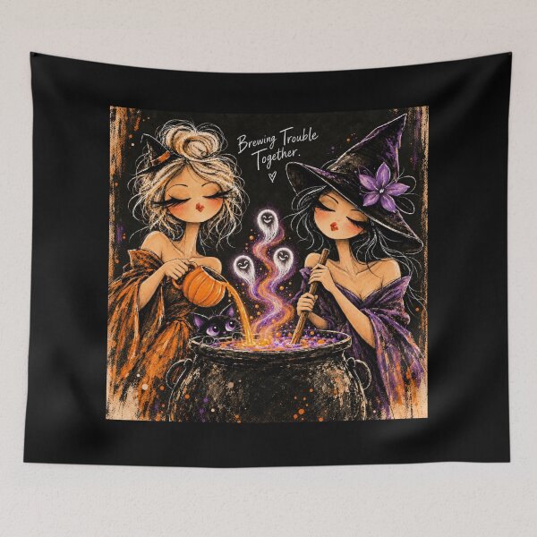 Item preview, Brewing Trouble Together – Two Witches and Magical Cauldron Halloween Art designed and sold by byMosia.