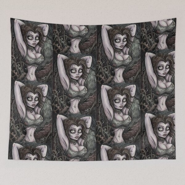 Item preview, Gothic Horror vampire woman with her hands behind her head illustration art designed and sold by Vintage Designs +.