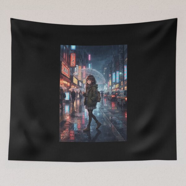 Item preview, Anime Girl Walking In Rainy Tokyo Street designed and sold by bvdesignart.