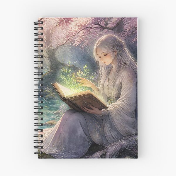 Item preview, Female Mystic Reading a Magical Book in Cherry Blossom Forest designed and sold by Fanta-sticky.