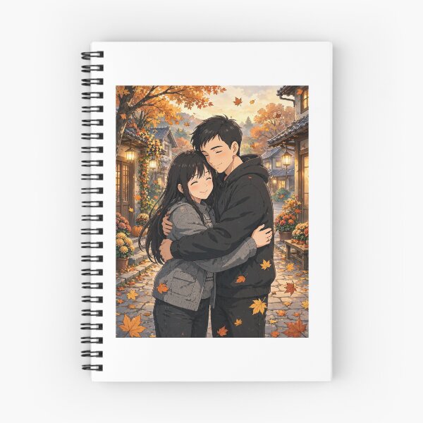 Artikelvorschau, Titel: Gemütliche Anime-Paarumarmung in einem herbstlichen Dorf entworfen und verkauft von parejitasghibli.