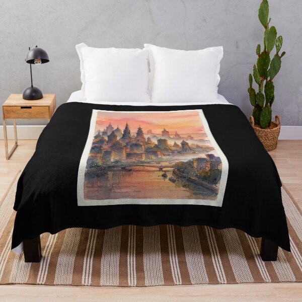 Item preview, Vintage Watercolor City Skyline Sunset Art Print designed and sold by bvdesignart.