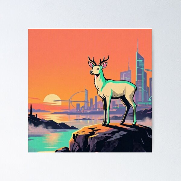 Aperçu de l'œuvre Cyberpunk Deer Sunset City | Art animalier rétro-futuriste créée et vendue par Dogandesighn.