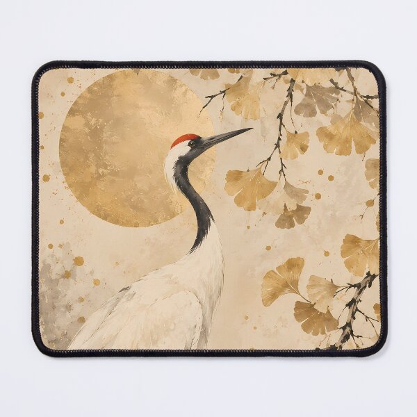 Item preview, Japandi Red-Crowned Crane Ginkgo Gold Moon Watercolour designed and sold by Jozefin's Studio.