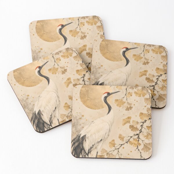 Item preview, Japandi Red-Crowned Crane Ginkgo Gold Moon Watercolour designed and sold by Jozefin's Studio.