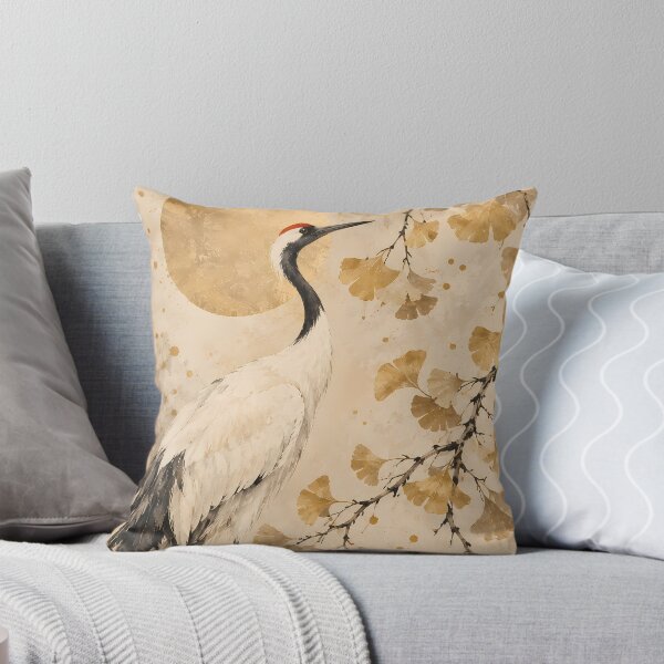 Item preview, Japandi Red-Crowned Crane Ginkgo Gold Moon Watercolour designed and sold by Jozefin's Studio.