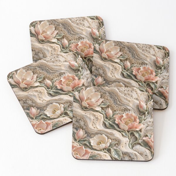 Item preview, Porcelain Flowers Growing Through Travertine – Elegant Botanical Stone Art designed and sold by Kaleidoscope Print.