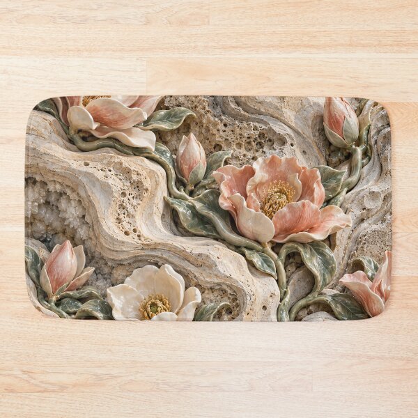 Item preview, Porcelain Flowers Growing Through Travertine – Elegant Botanical Stone Art designed and sold by Kaleidoscope Print.