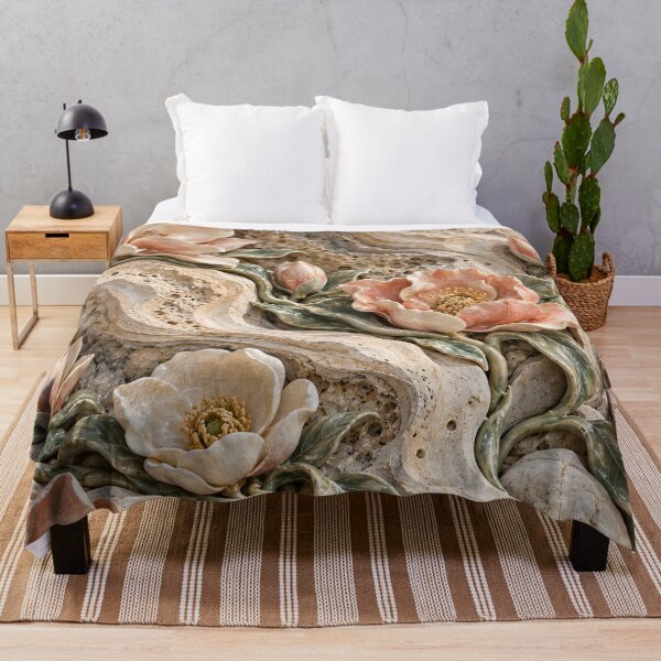 Item preview, Porcelain Flowers Growing Through Travertine – Elegant Botanical Stone Art designed and sold by Kaleidoscope Print.