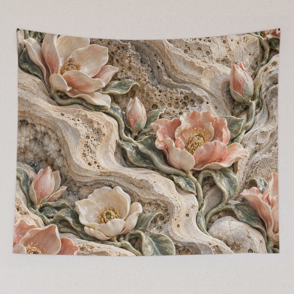 Item preview, Porcelain Flowers Growing Through Travertine – Elegant Botanical Stone Art designed and sold by Kaleidoscope Print.