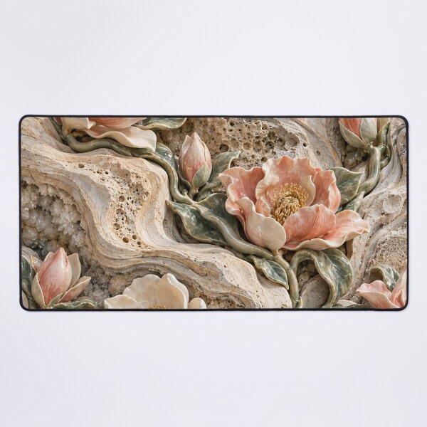 Item preview, Porcelain Flowers Growing Through Travertine – Elegant Botanical Stone Art designed and sold by Kaleidoscope Print.
