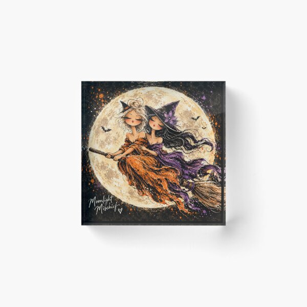 Item preview, Moonlight Mischief – Two Witches Flying on a Broom Halloween Art designed and sold by byMosia.
