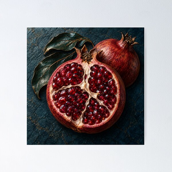 Item preview, Ruby Pomegranate on Dark Stone – Rich Botanical Fruit Art designed and sold by Kaleidoscope Print.