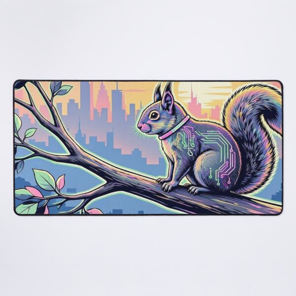 Item preview, Cybernetic Squirrel Sunset City | Neon Sci-Fi Wildlife Art designed and sold by Dogandesighn.