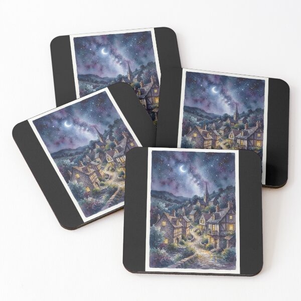 Item preview, Magical Watercolor Village Under Starry Night Sky designed and sold by bvdesignart.