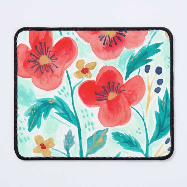 Item preview, Folk Art Style Watercolor Poppies in Bold Red and Teal Green designed and sold by aneladesigns.