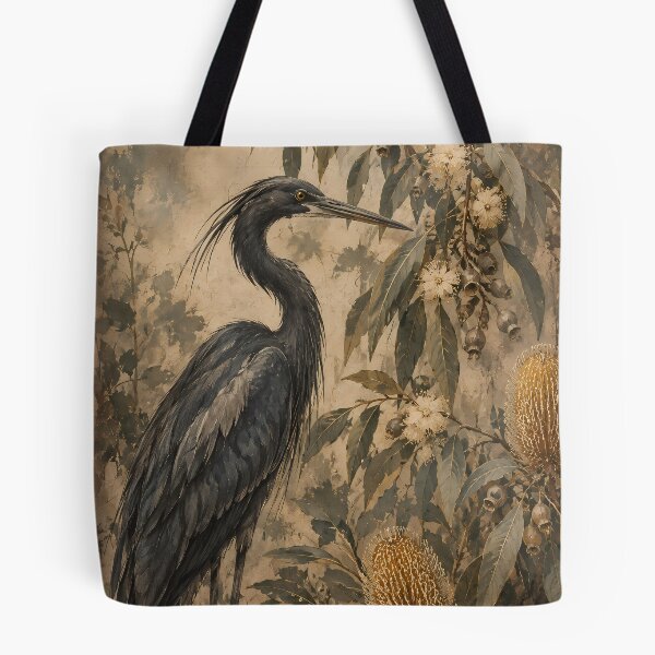 Item preview, Dark Botanical Heron Oil Painting with Banksia Florals designed and sold by Jozefin's Studio.