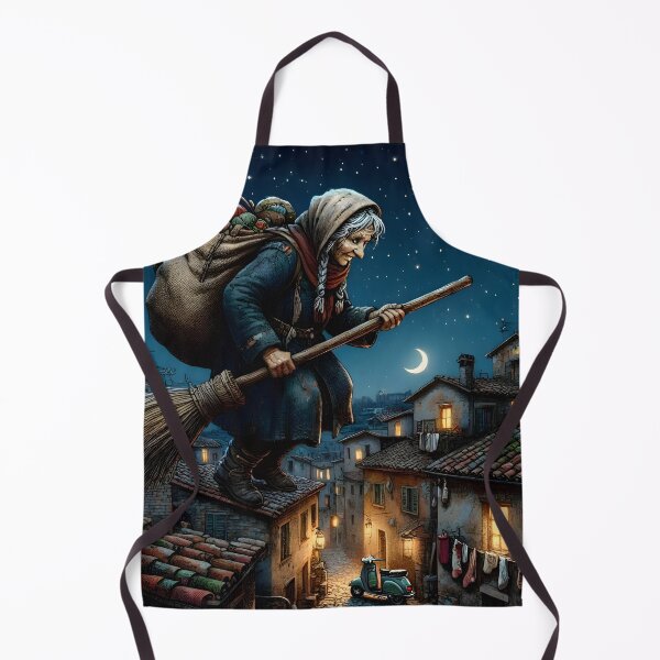 Item preview, La Befana Flying Over Italian Village Christmas Night designed and sold by Sybille-Yates.