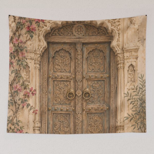 Item preview, Boho Ornate Carved Door Watercolour with Bougainvillea designed and sold by Jozefin's Studio.