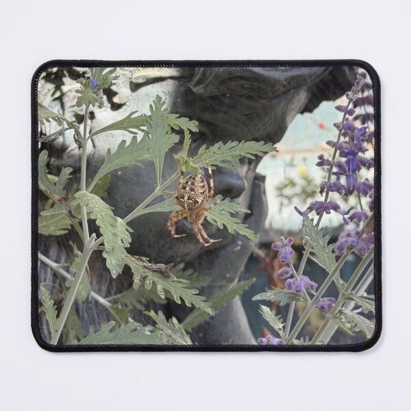 Item preview, Garden Guardian.  Orb Weaver Spider among Statue and Blooms designed and sold by Astute-Artio-Photography.