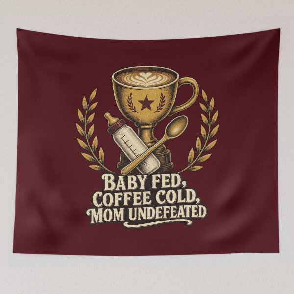 Item preview, Camiseta "Bebé alimentado con café frío, mamá invicta", camiseta divertida para mamás primerizas, camiseta con humor de victoria para mamás, camiseta de regalo para mamás primerizas, gráfico de trofeo vintage designed and sold by TshirtsLabs.