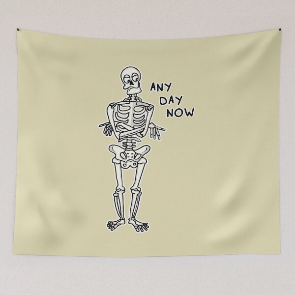 Item preview, Any Day Now Sticker | Funny Skeleton Waiting Dark Humor Pun designed and sold by MyxaART.