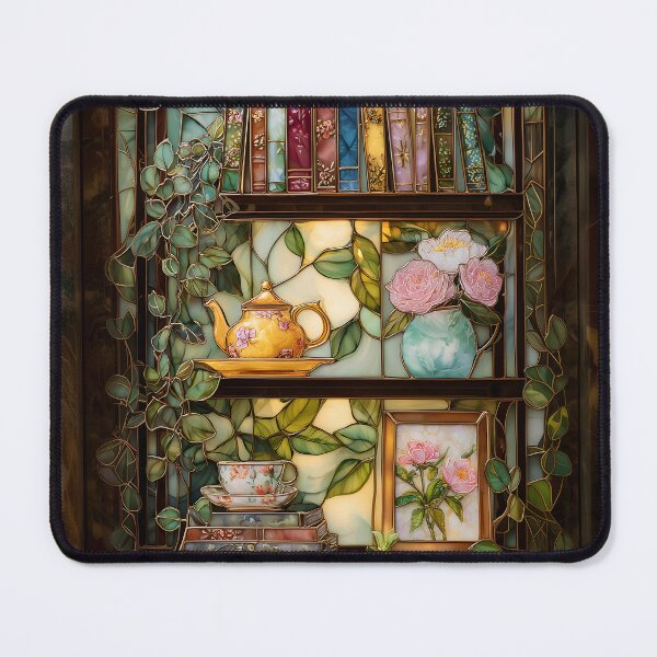 Artikelvorschau, Cozy Cottagecore Bookshelf Floral Stained Glass Art entworfen und verkauft von happywkndclub.