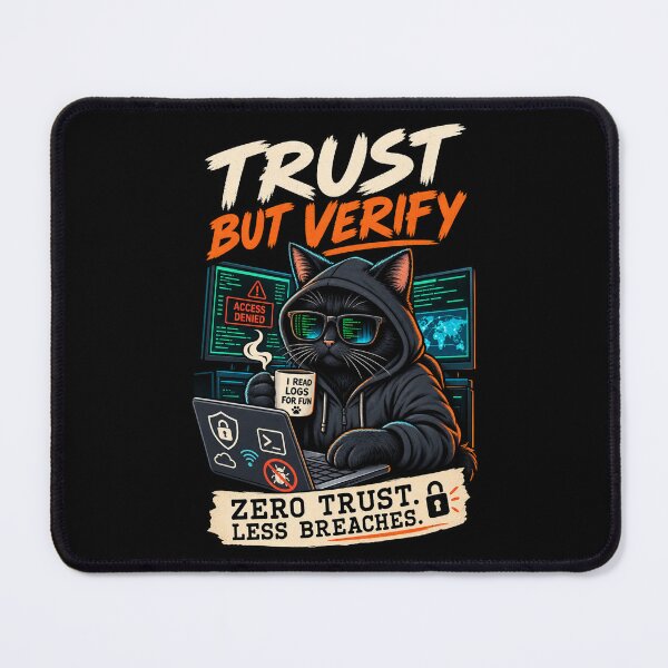 Item preview, Trust But Verify Cybersecurity Cat – Zero Trust less breaches Tech Humor designed and sold by SidTastic .