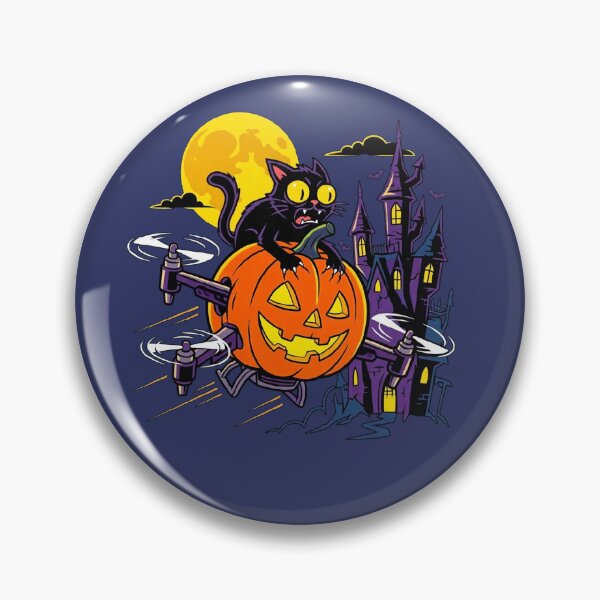 Aperçu de l'œuvre Chat noir chevauchant un drone citrouille - Chat drone amusant pour Halloween créée et vendue par PalettePop..