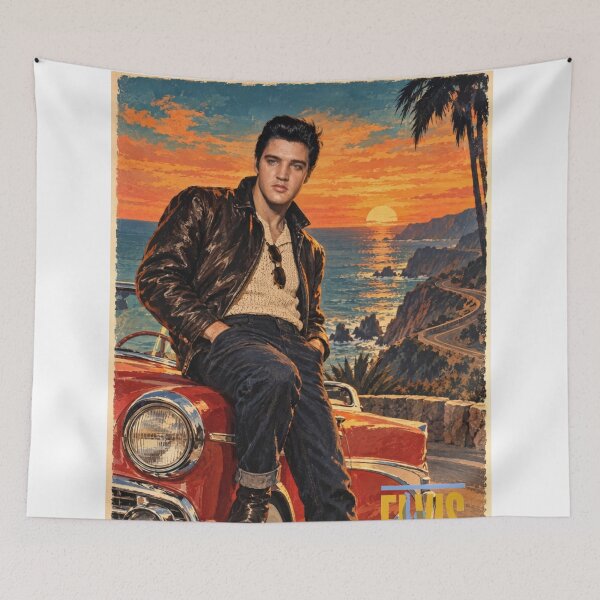 Item preview, Elvis Presley Coastal Drive – Vintage ’50s Red Car Poster designed and sold by ElvisVintagePosters.