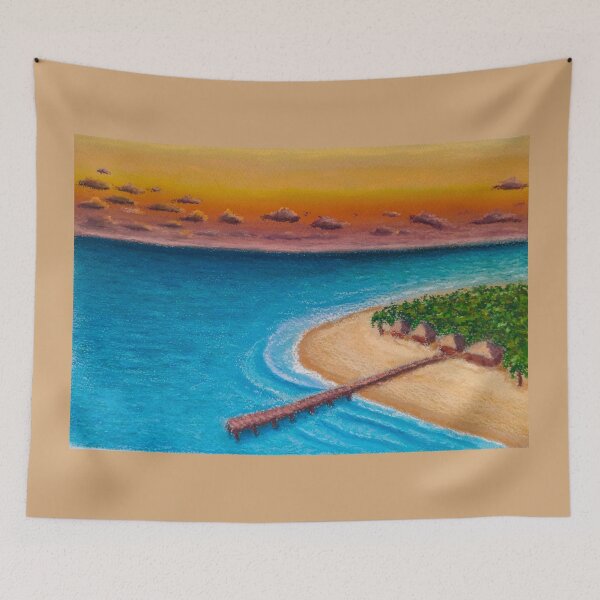 Aperçu de l'œuvre Coucher de soleil sur une île tropicale - Œuvre originale au pastel à l'huile créée et vendue par Sky-99.