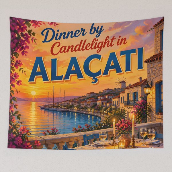 Item preview, Alaçatı Candlelit Dinner – Vintage Turkish Sunset Travel Poster designed and sold by LSVart.