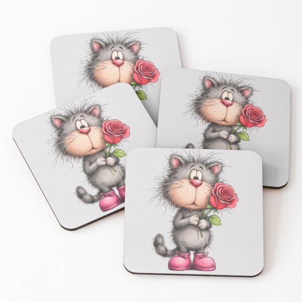 Item preview, a shaggy, grey-furred cat with a large, round face and pink nose, holding a single red rose in its paws designed and sold by 123ks.