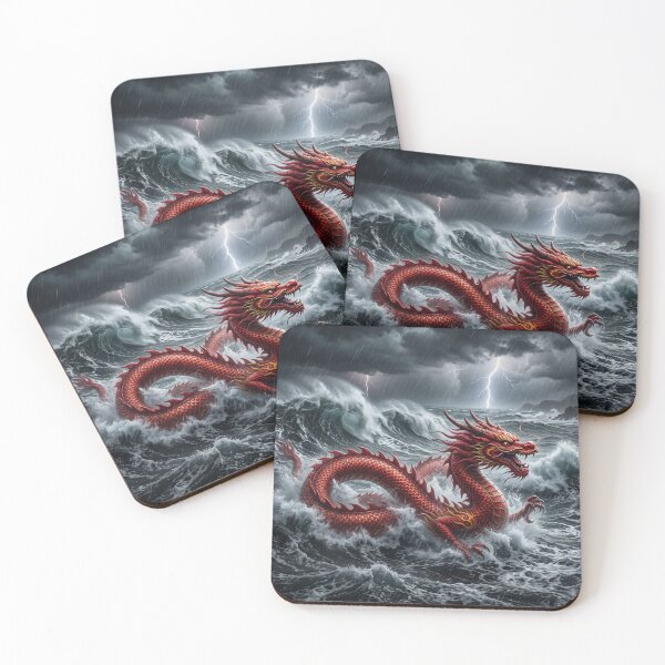 Item preview, A red Chinese dragon swimming in a stormy sea designed and sold by Mente Creativa.
