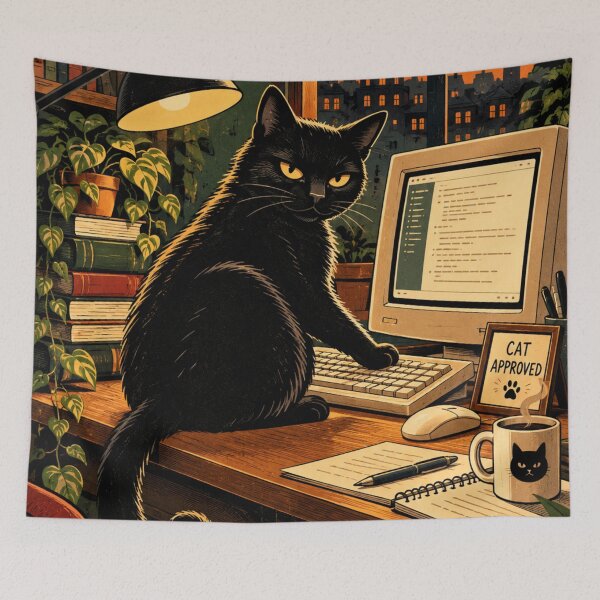 Item preview, Black Cat Working From Home at Computer designed and sold by AbstractAuraArt.
