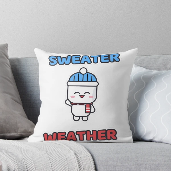 Sweater Weather - Cozy Marshmallow Pip in a Beanie — Throw Pillow by BiMood