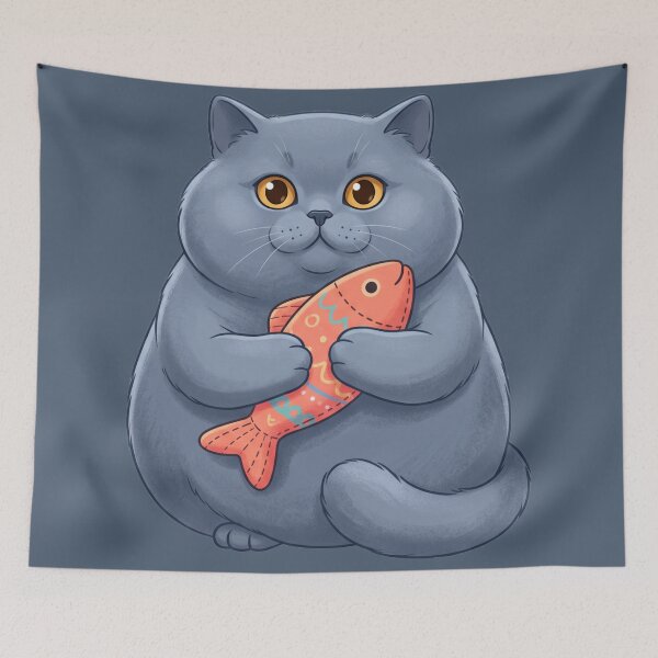 Item preview, Peluche de gato gris regordete abrazando un pez designed and sold by AIG - Andrei Ilie Graphics.