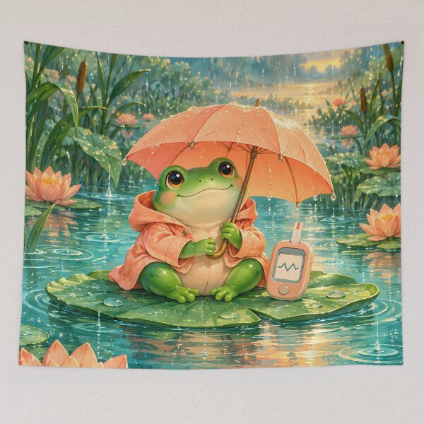Item preview, Rainy Day Frog and Glucose Meter – Whimsical Diabetes Art designed and sold by Jaani-T.