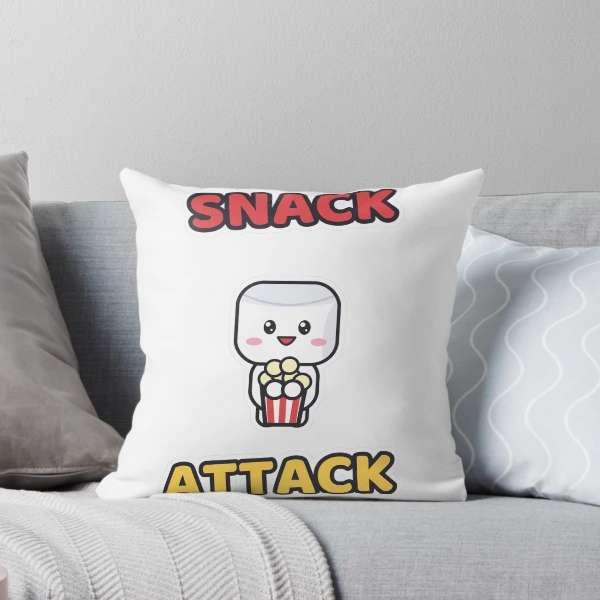 Snack Attack - Cute Marshmallow Pip with Popcorn — Throw Pillow by BiMood