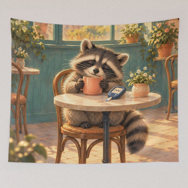 Item preview, Cozy Raccoon with Coffee and Glucose Meter – Diabetes Art designed and sold by Jaani-T.