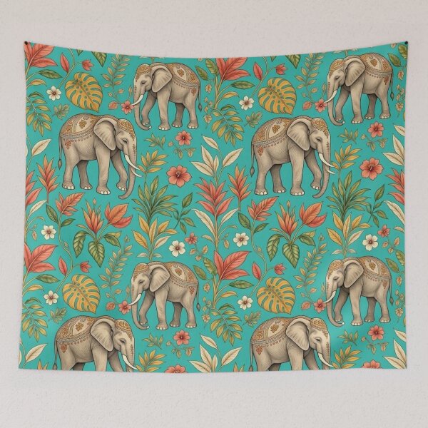 Item preview, Tropical Elephant Seamless Pattern | Botanical Jungle Teal Art designed and sold by Dogandesighn.