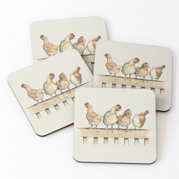 Item preview, Four CHICKENS on a FENCE, Cute Hens, Farm Animal Illustration designed and sold by JoyfulWhimsy.
