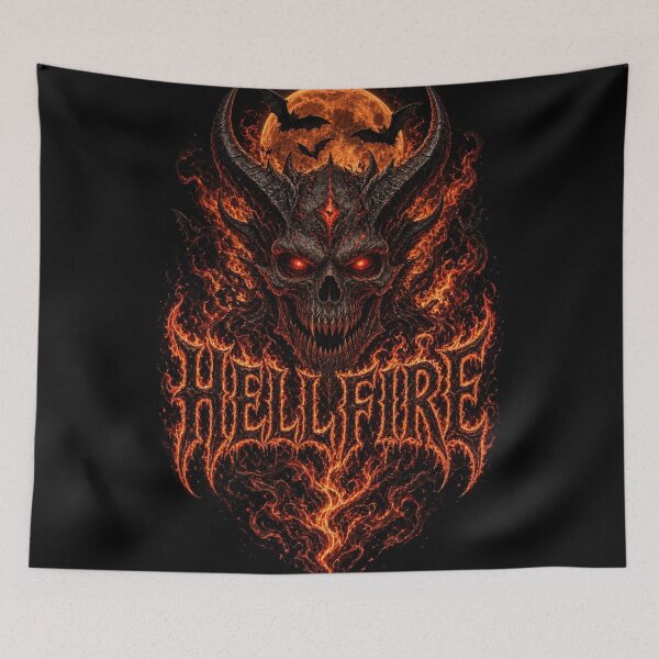 Item preview, Hellfire Demonic Skull T-Shirt | Flaming Horror Design with Bats & Moon designed and sold by OddySpud.apparel.