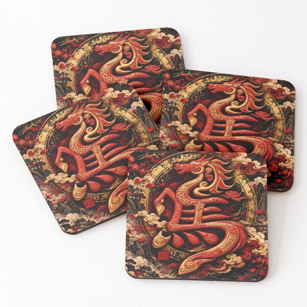 Item preview, Chinese Dragon Horse Kirin Red and Gold Mythology designed and sold by Fei Long Design Hub.
