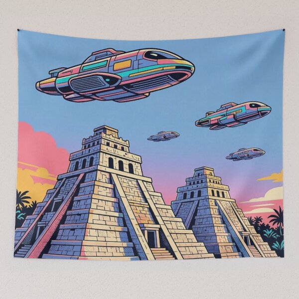 Item preview, Ancient Aliens Mayan Pyramids | Retro Sci-Fi Spaceship Art designed and sold by Dogandesighn.
